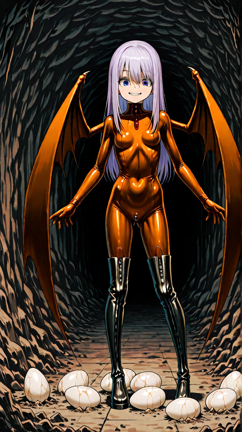 A cave with lots of eggs larger than a human body、Small elementary school girls(((A girl's body is smaller than an egg)))、light purple straight long hair(((Two long tactile senses grow from the head)))、blue eyes(((Shining mysteriously)))、A creepy and cute smile、 Brown Rubber Suit 、and her arms are large bat wings、black thigh-high boots above the knee、standing、The whole thing always fits securely into the image, right down to the foot、I spread my arms wide、全身がShining mysteriously