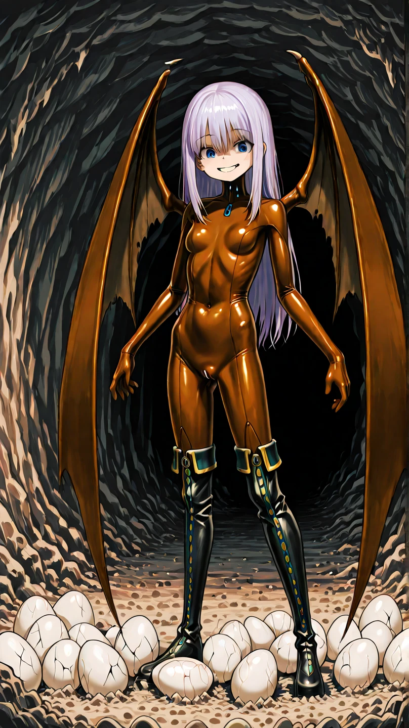 A cave with lots of eggs larger than a human body、Small elementary school girls(((A girl's body is smaller than an egg)))、light purple straight long hair(((Two long tactile senses grow from the head)))、blue eyes(((Shining mysteriously)))、A creepy and cute smile、 Brown Rubber Suit 、and her arms are large bat wings、black thigh-high boots above the knee、standing、The whole thing always fits securely into the image, right down to the foot、I spread my arms wide、全身がShining mysteriously