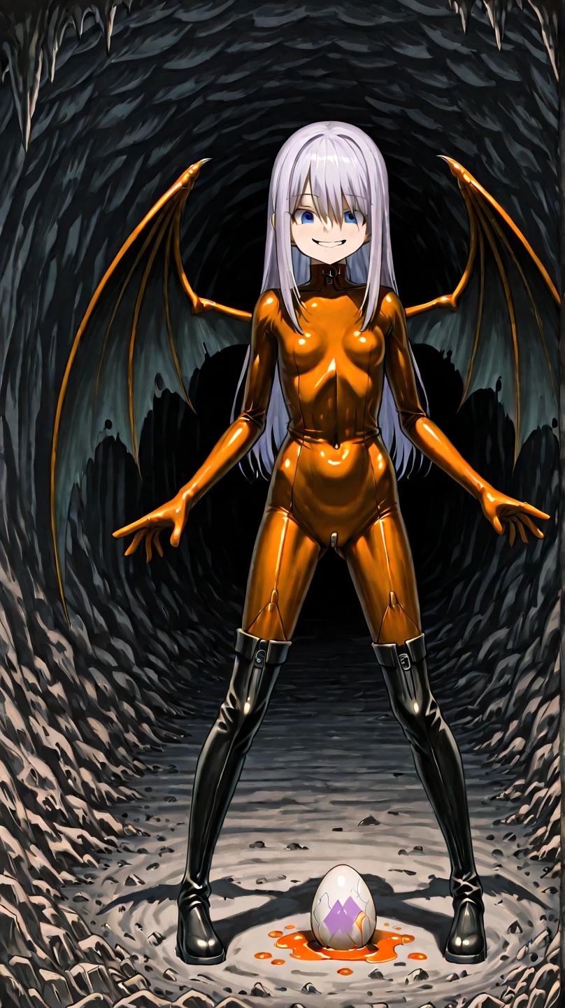 A cave with lots of eggs larger than a human body、Small elementary school girls(((A girl's body is smaller than an egg)))、light purple straight long hair(((Two long tactile senses grow from the head)))、blue eyes(((Shining mysteriously)))、A creepy and cute smile、 Brown Rubber Suit 、and her arms are large bat wings、black thigh-high boots above the knee、standing、The whole thing always fits securely into the image, right down to the foot、I spread my arms wide、全身がShining mysteriously