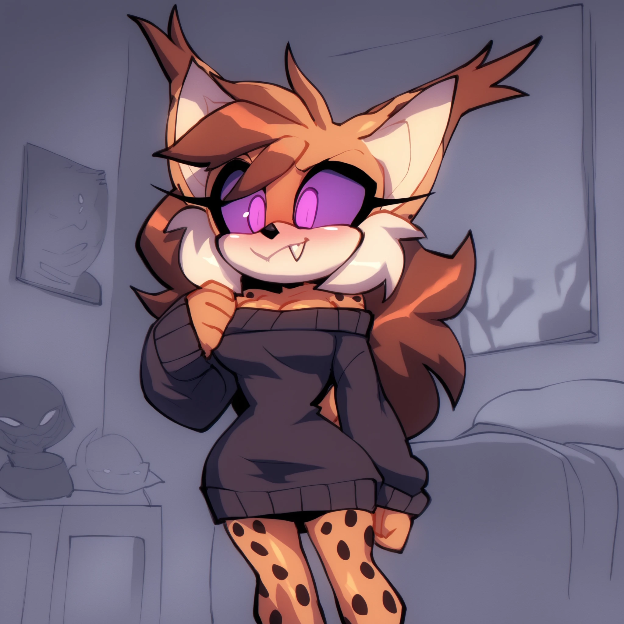 lynx, bigdad/character, (Mobian), similar to Nicole the Lynx, darkish brown fur, purple eyes, black sclera, faint eye glow, female, fuzzy muzzle, spooky gray sweater, off shoulder, long sleeves, sweater dress, fuzzy ears, darkish brown hair with black tips, black tipped ears, fuzzy fur, long hair, hair bangs, Lynx tail, smile, single fang, slim, young adult, medium breasts, solo, spooky pose, (small tears on dress), (darkish bedroom), indoors, possessed, Sonic OC