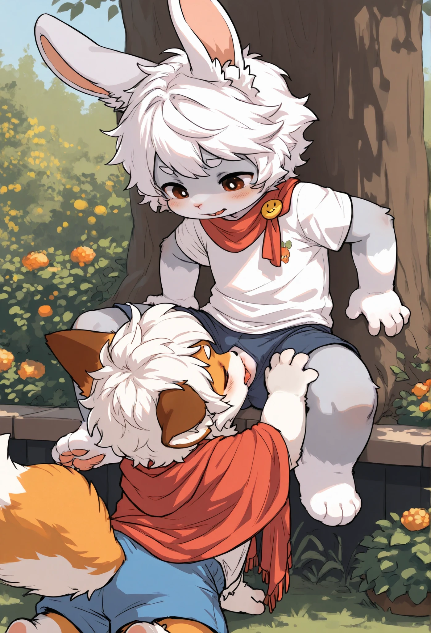 Dwarf rabbit boy,furry boy,Toddler Characteristics ,White hair,gray skin(white),Spend a little money ,shawl,Short sleeve, shorts, Fox Boy ,furry boy,Toddler Characteristics,White hair,white Arm,Light Orange Skin,cunnilingus,garden