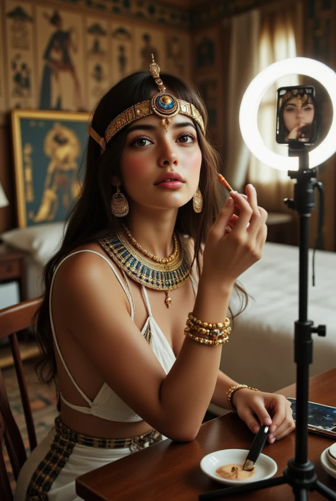 depict of The mix of modern technology and historical surroundings creates a striking contrast. Cleopatra, dressed in regal Egyptian attire, she has tanned reddish skin tone but not black, she sits elegantly before a smartphone camera with a modern ring light mounted on tripod. She is applying makeup, demonstrating beauty techniques with a confident expression. The background setting is her bedroom in a grand palace adorned with hieroglyphs, golden artifacts, and ornate columns, capturing the essence of ancient Egypt.