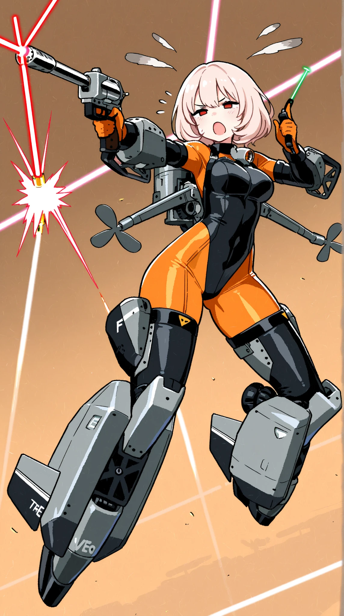 female, high leg bodysuit, The arm is deformed into a firearm, two-legged propeller, Precision Machinery, Illumination, Fever, exhaust, Laser Pointer , dynamic pose,