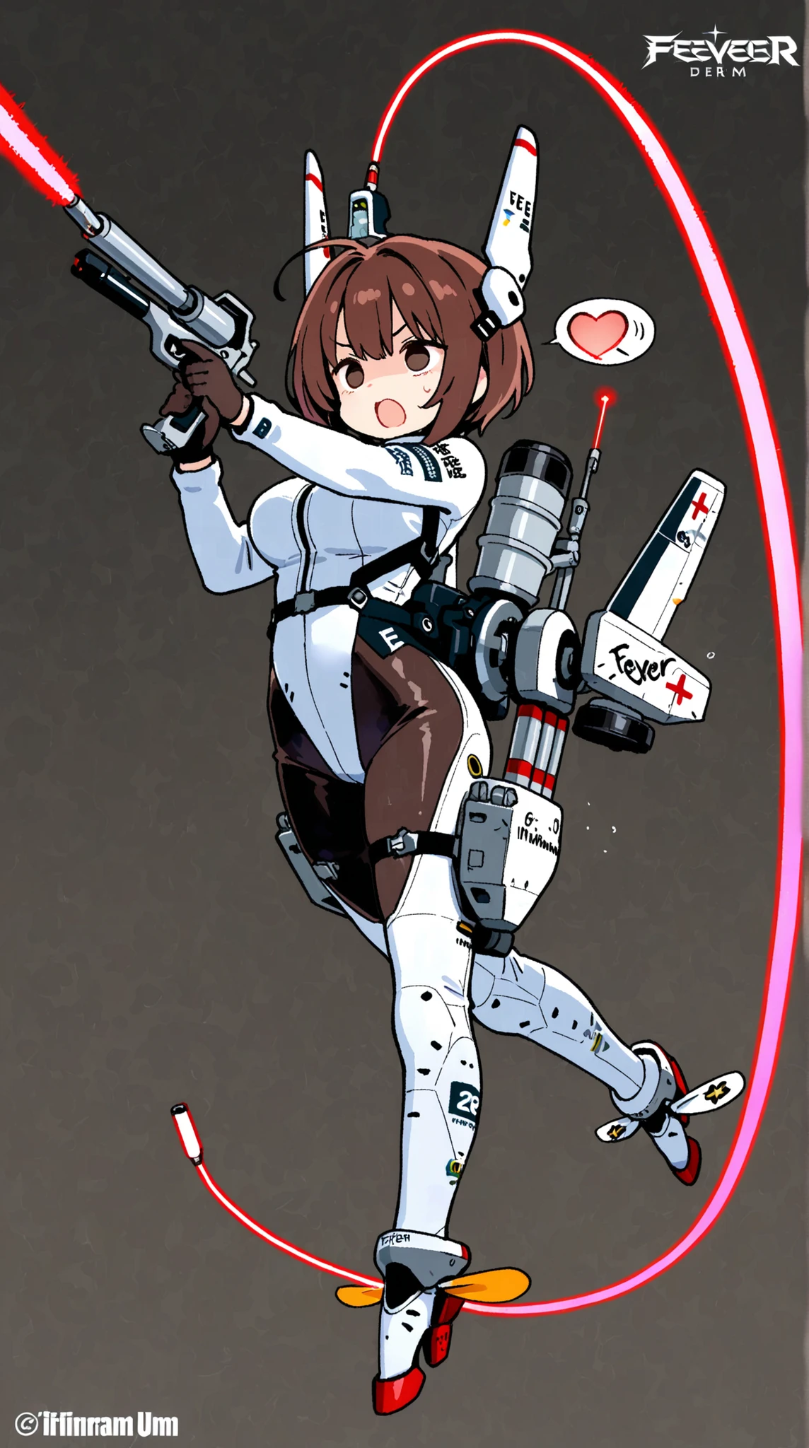 female,  high leg bodysuit, The arm is deformed into a firearm, two-legged propeller, Precision Machinery, Illumination, Fever, exhaust,  Laser Pointer ,    dynamic pose,  