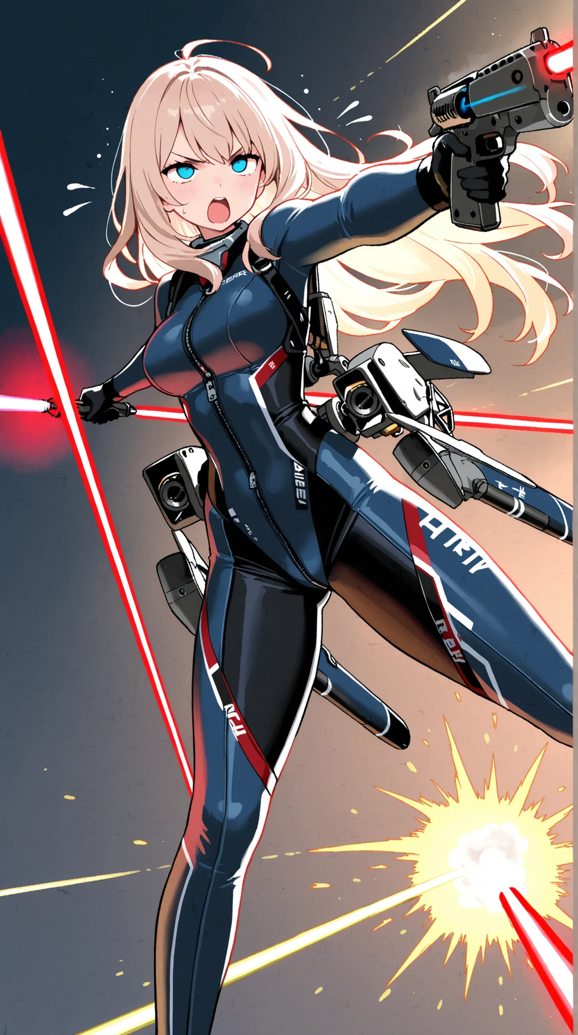 female, high leg bodysuit, The arm is deformed into a firearm, two-legged propeller, Precision Machinery, Illumination, Fever, exhaust, Laser Pointer , dynamic pose,