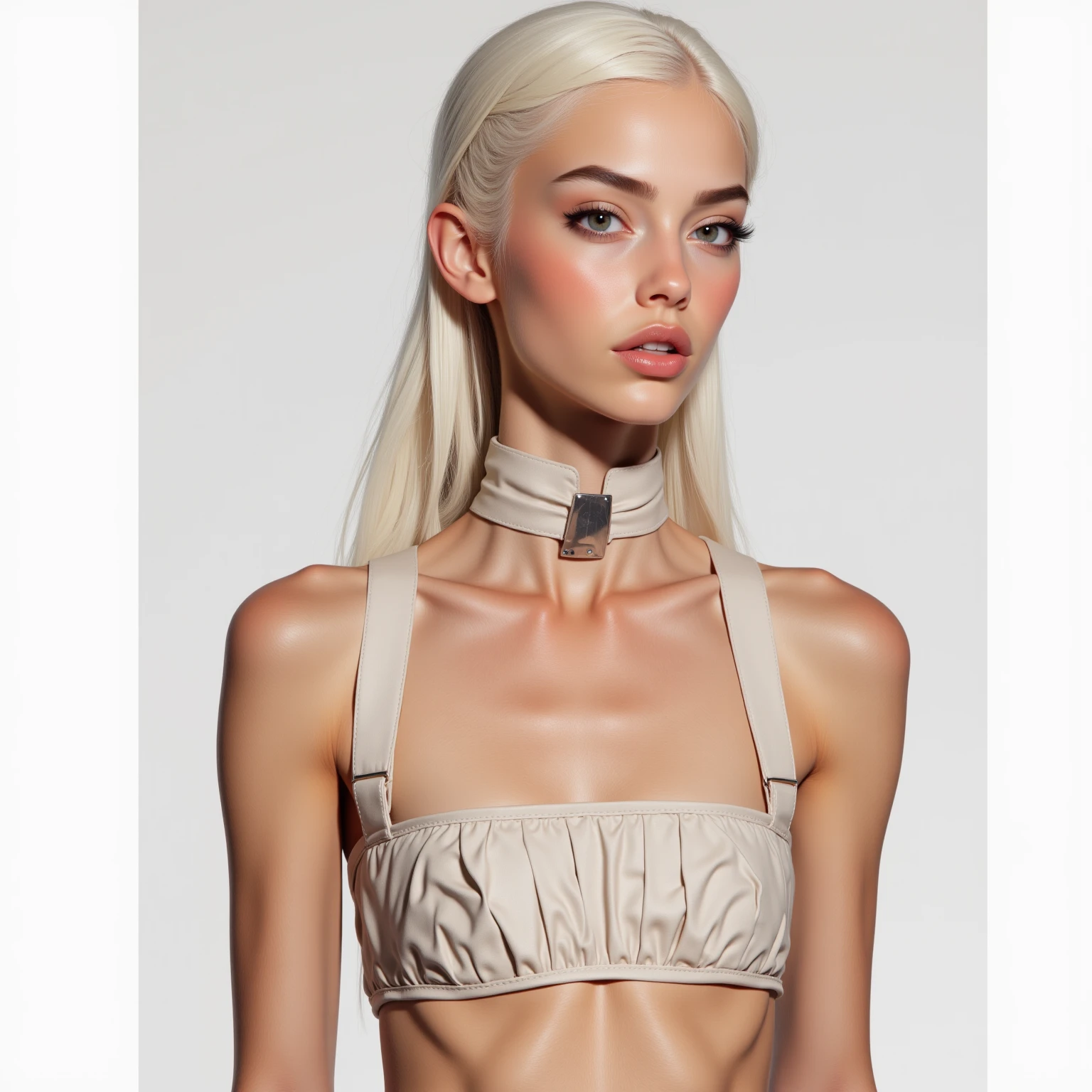 Seductive and confident look. Distant image. Long legs. Slim teenage european girl. Wealthy. Vinyl trousers, sneakers, leather bra. Jewellery. Private jet. White hair, sidecut. Piercing. backlit, smirk, belt, backlit, perfect sultry make-up, cinematic, realistic, high contrast, visually rich,piercing eyes, strong eyeliner, mesmerizing eyes, elegant, graceful, natural beauty, charismatic, versatile, photogenic, very detailed