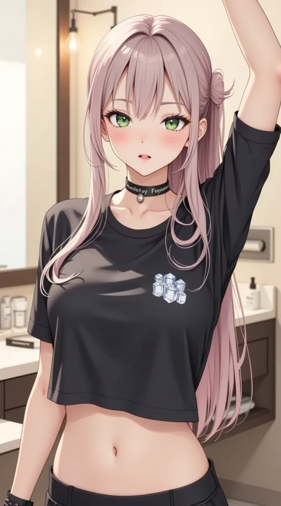 (Masterpiece, computer, mejor quality, Clear focus, shadow, anime style, Ultra High Resolution, 8K, perfect anatomy, perfect face, (detailed face), ( Detailed eye ), score_9, score_8_up, score_7_up, score_6_up, score_5_up, score_4_up, source _Animated, Label 1, Label2, quality_Masterpiece, Anatomically correct, beautiful face, perfect face, Beautiful and highly detailed face and eyes, Attractive face, detailed face, delicate facial features, detailed leather, huge breasts, breast size cup D or DD, wide hips, gigantic butt texture, thick thighs. Anime-style illustration of an attractive young woman with long and straight hair, light pink. He has expressive green eyes. He is raising an arm, resting it on his head. He wears a tight black sports t-shirt with a white logo, on which there are several ice cubes. The t-shirt reveals his toned abdomen. He wears a black choker-type necklace and a black bracelet with white text. The environment is a modern bathroom or dressing room, with shelves , cosmetics and a mirror in the background. Digital anime art style, with soft lighting and well-defined details.