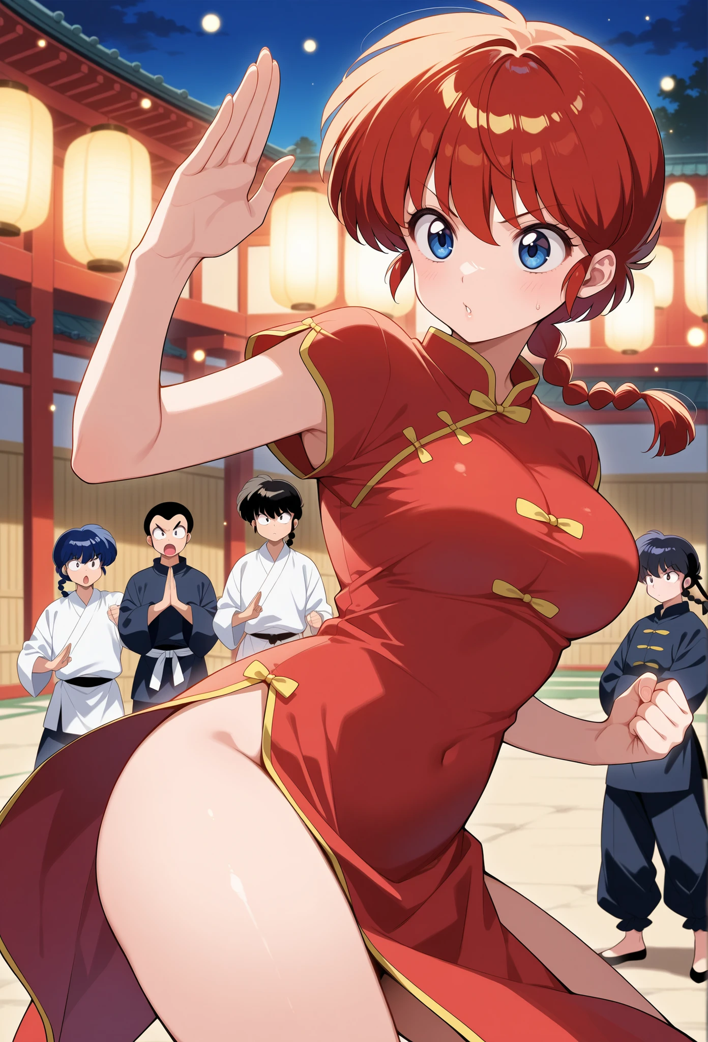 1 girl, Ranma-chan, single blade, Nagasu, red china dress, Chinese clothes, Tang Suit, fighting fighting stance, kung fu, martial arts, solo focus, anime_screen capture, Bokeh, Outdoors, masterpiece, best quality, perfect anatomy, very aesthetic, great quality, high resolution, ultra detail, abyss dress, newest, depth of field, anime_screenshot