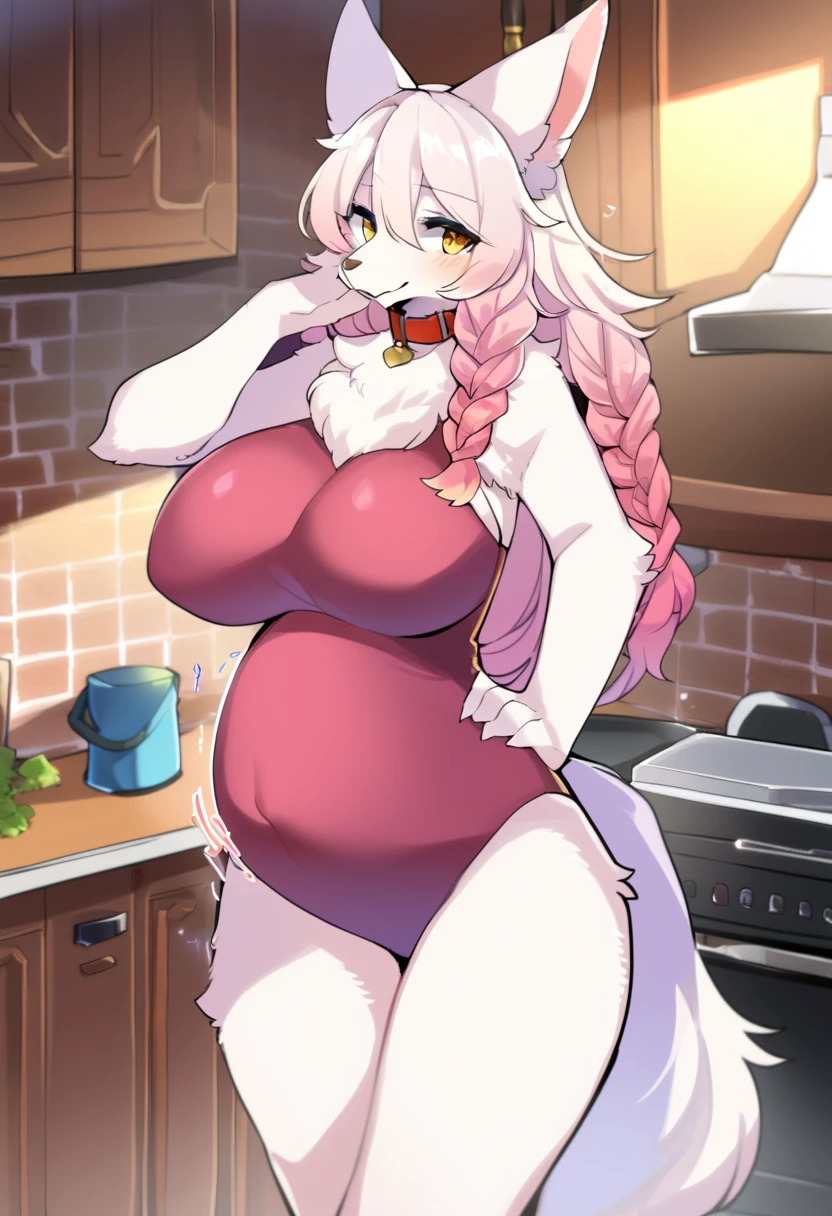 A young female white rabbit furry, white fur, black fur on edge, pink eyes, long light blue curly hair, bbw, plump, cute rabbit teeth, pussy,lying on dish, dish garnished with vegetables, in kitchen, on the table,a huge male black cat furry with erected penis, pussy penetration, moaning, aah, violent