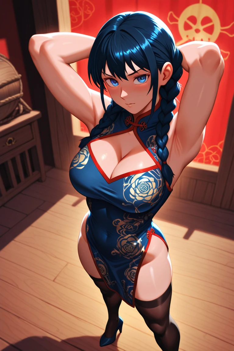 ((meilleure qualité)), ((chef-d&#39;œuvre)), (détaillé), visage parfait, anime woman, deep luminous indigo eyes, wears a regal, flowing sari in rich hues of gold and deep crimson, patterns inspired by lotus blossoms and celestial symbols. Jeweled accessories accentuate her divine presence, and a delicate bindi on her forehead signifies spiritual wisdom. hair is sapphire blue at the roots to a vibrant crimson red towards the tips. hair cascades down in elegant waves, Intricate braids, she is smiling like a yandere, hot, sexy, really hot