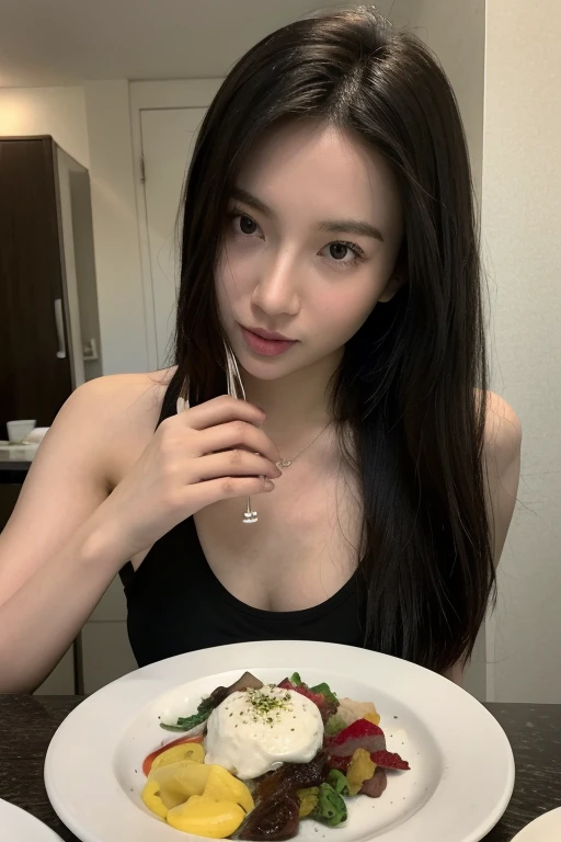 ((Best Quality, 8k, Masterpiece:1.3), Angie Marcheria), Focus:1.2, Perfect Body Beauty:1.4, Buttocks:1.2, ((Delicate Hair)), (black t-shirt:1.1), (kitchen), Highly detailed face and skin texture, Detailed eyes, Double eyelids, whitening skin, Big breasts, smile, wearing necklaces, perfect , seducing face, cooking, sweating, selife, 1 girl, messy hair, sexy