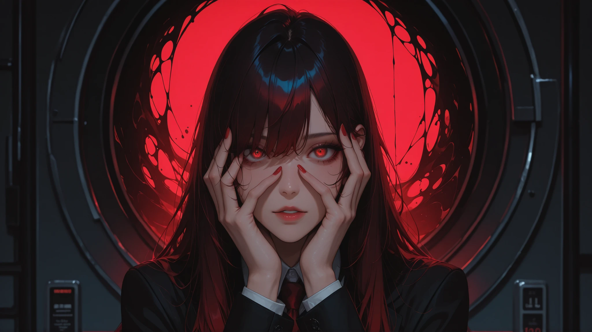 masterpiece, 最 high quality , high quality ,( invisible to the eye , It has dark red light and red eyes ,Surrounded by darkness :1.2), Abstraction, Miserable, depth of field, high image quality, very well detailed, POPULAR ON ART STATION, trend , complicated , High Detail, (from head to waist, upper body ), detailed face , detailed eyes , detailed hands , Neon red eyes , ( Viewer ), (Standing still),