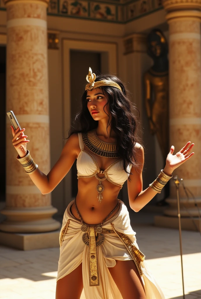 depict of The mix of modern technology and historical surroundings creates a striking contrast. Cleopatra, dressed in regal Egyptian attire, she has tanned reddish skin tone but not black, she sits elegantly before a smartphone camera with a modern ring light mounted on tripod. She is applying makeup, demonstrating beauty techniques with a confident expression. The background setting is her bedroom in a grand palace adorned with hieroglyphs, golden artifacts, and ornate columns, capturing the essence of ancient Egypt.