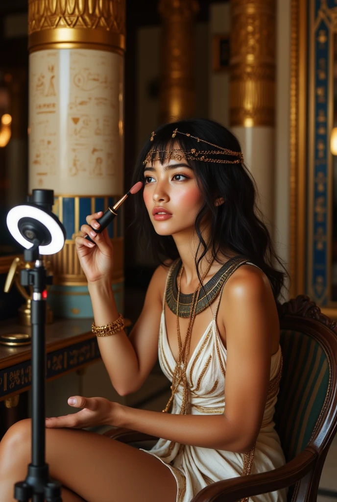 depict of The mix of modern technology and historical surroundings creates a striking contrast. Cleopatra, dressed in regal Egyptian attire, she has tanned reddish skin tone but not black, she sits elegantly before a smartphone camera with a modern ring light mounted on tripod. She is applying makeup, demonstrating beauty techniques with a confident expression. The background setting is her bedroom in a grand palace adorned with hieroglyphs, golden artifacts, and ornate columns, capturing the essence of ancient Egypt.