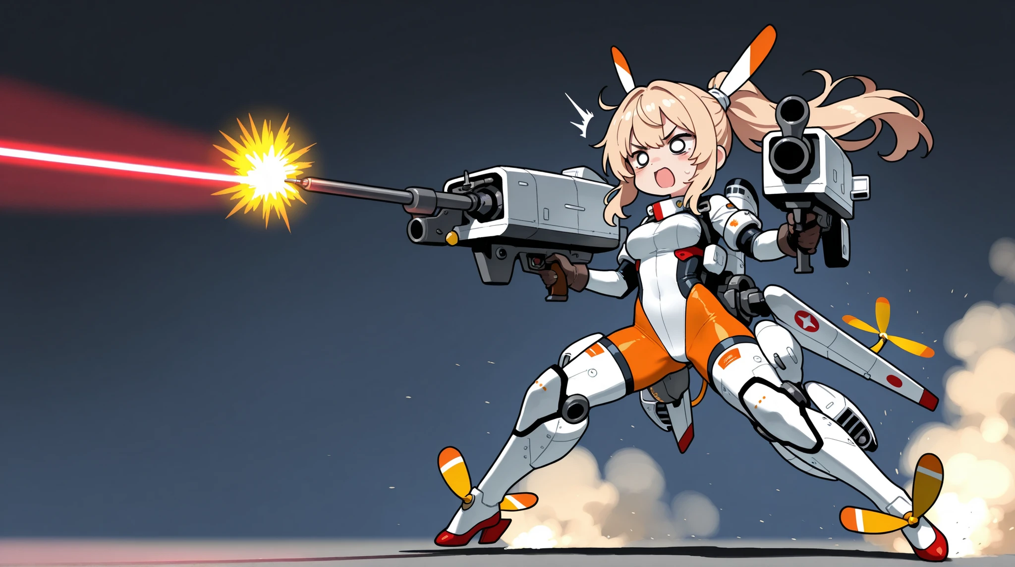 Anime style,(4people),battle loli girl,up in the sky,
mechanical cat ears shaped headgear,big breasts,red battle bodysuit,boots,holding Gun that shoots white ink,
flying and Floating in the air to fight,
