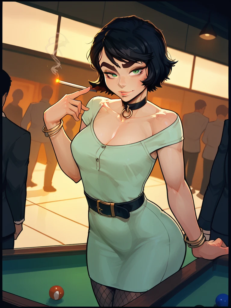 1920's woman with short black hair and green eyes, with 1920's casino clothes in a 1920's casino smoking a stick cigarette. Black Hair