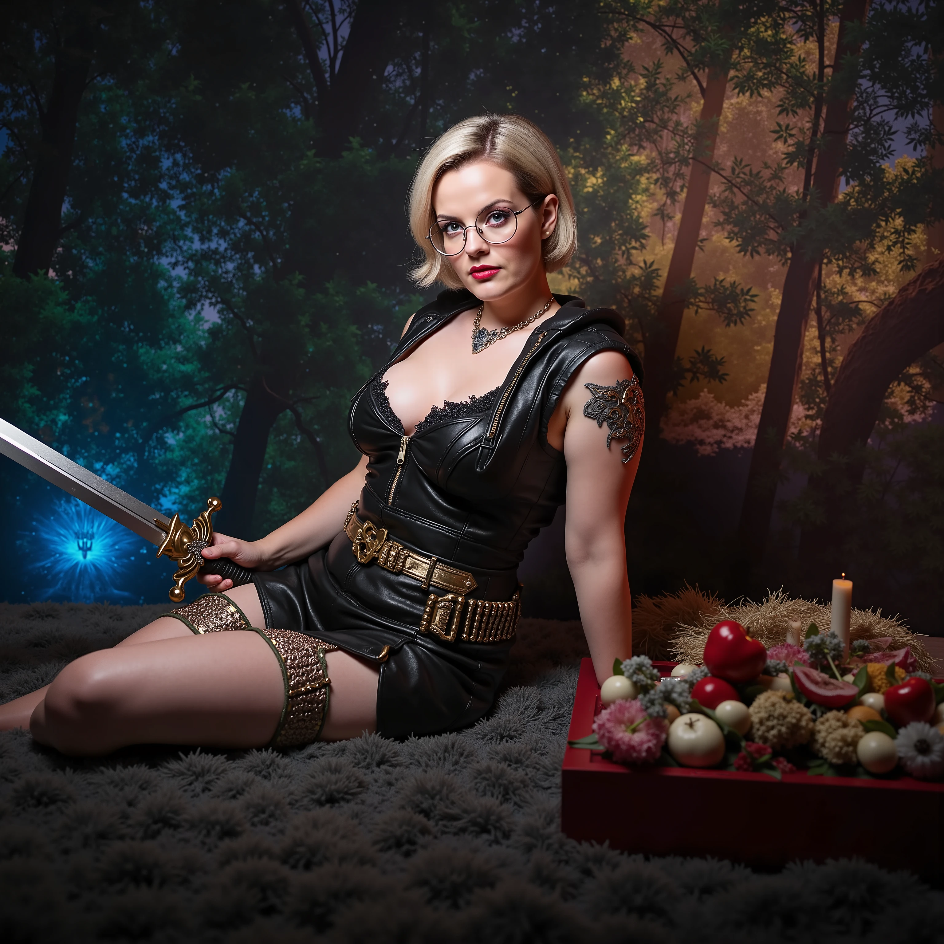Siobhan Thompson, flawless beauty, fit, pinup model, lying or seated, bright striking lipstick and eyeshadow, deep cleavage, calves in view, short blonde hair, magical fantasy scene, sexy armoured magic warrior, outfit has splits and cutouts, outfit has glowing magic elements, mesh, leather, sword