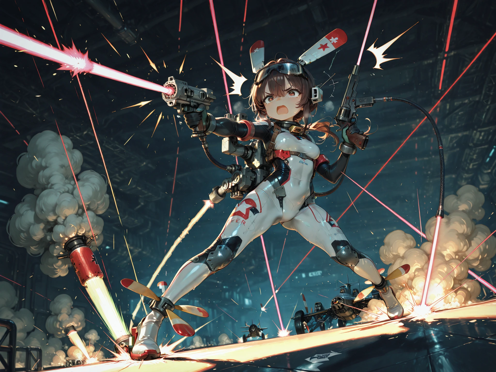 female, high leg bodysuit, The arm is deformed into a firearm, two-legged propeller, Precision Machinery, Illumination, Fever, exhaust, Laser Pointer , dynamic pose,