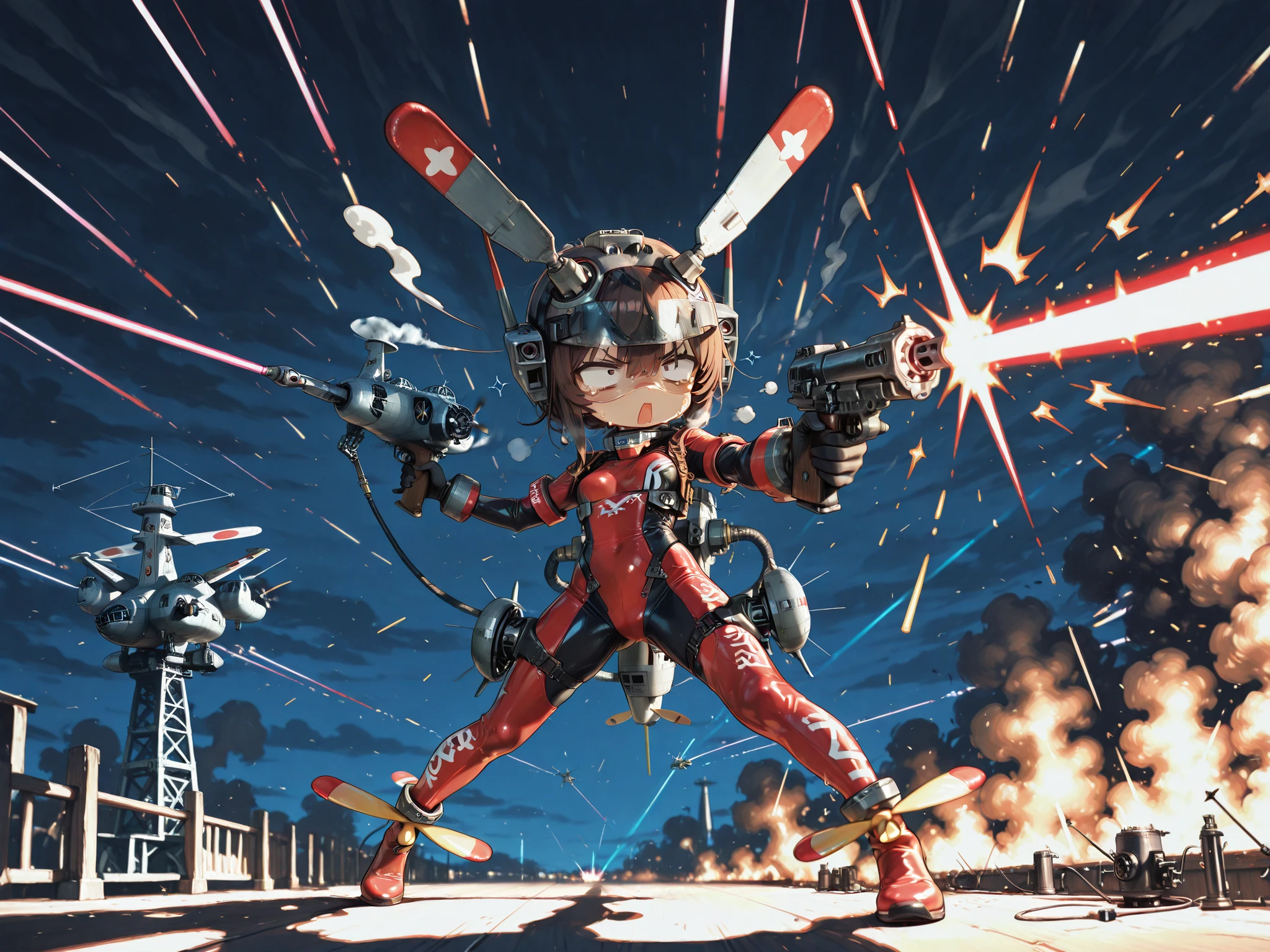 female, high leg bodysuit, The arm is deformed into a firearm, two-legged propeller, Precision Machinery, Illumination, Fever, exhaust, Laser Pointer , dynamic pose,