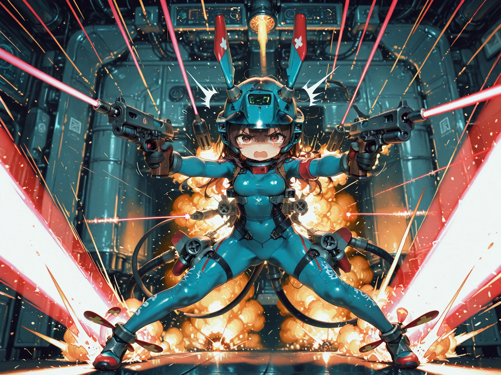 female, high leg bodysuit, The arm is deformed into a firearm, two-legged propeller, Precision Machinery, Illumination, Fever, exhaust, Laser Pointer , dynamic pose,