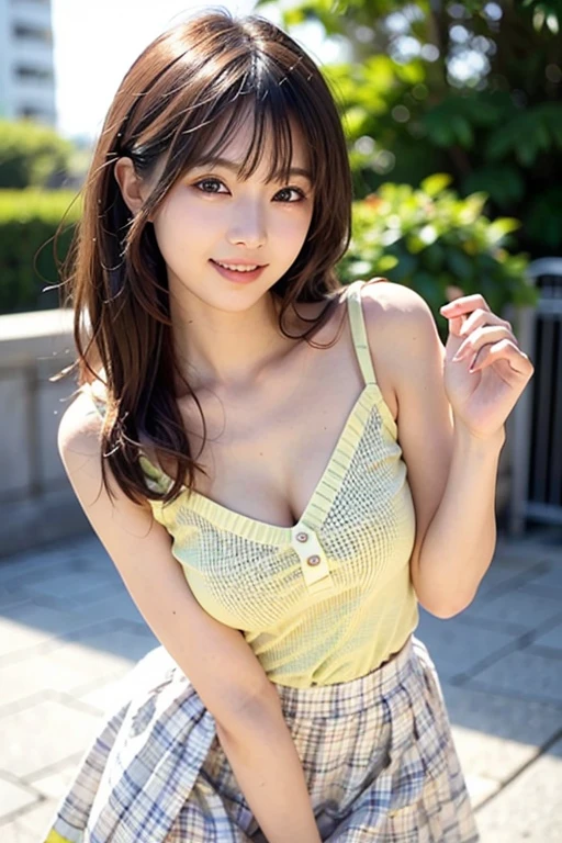 Idol beautiful girl、kitten,kittenを胸にそっと抱き寄せます、Two-tone brown and wine red short hair,、Small cat ears、Laugh mischievously with sparkling eyes、Little round face girl、sitting in the sunny garden、White tank top and cargo pants that emphasize the chest.Level 8、beautiful hands、beautiful fingers、Super realistic full body photo、(((emphasize the chest:1.3))),(dynamic angle),(dynamic and sexy pose),laughter、cute round face,,(table top,highest quality,Ultra high resolution output image,) ,(8K quality,),(sea art 2 mode.1),(Image mode Ultra HD,)
