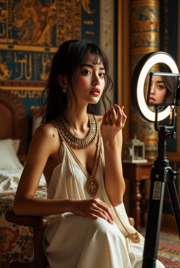 depict of The mix of modern technology and historical surroundings creates a striking contrast. Cleopatra, dressed in regal Egyptian attire, she has tanned reddish skin tone but not black, she sits elegantly before a smartphone camera with a modern ring light mounted on tripod. She is applying makeup, demonstrating beauty techniques with a confident expression. The background setting is her bedroom in a grand palace adorned with hieroglyphs, golden artifacts, and ornate columns, capturing the essence of ancient Egypt.
