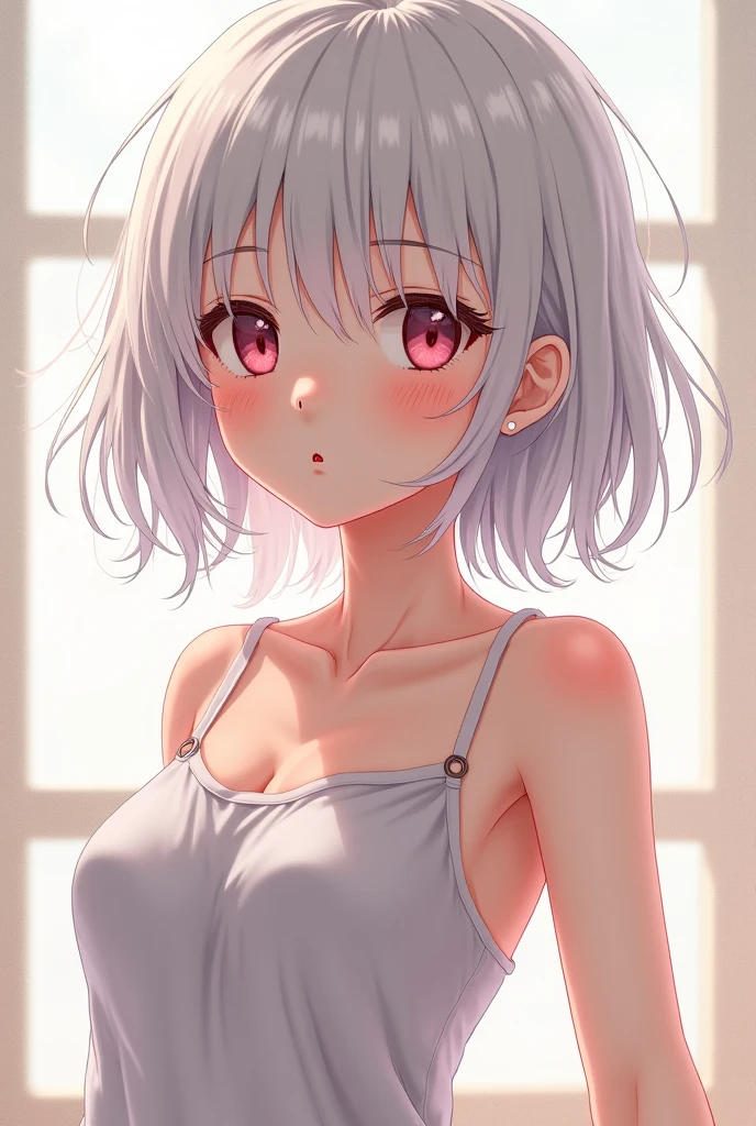 gentle and charming beautiful woman, Bust Photo, Delicate and sexy collarbone, charming goose egg face, 二重まぶた, , Red-pink lips, a small nose, exposed bare shoulders,,, hyper HD, super detailing,, Ultra-fine translucent wet yarn,small tits,tits out,Wet with sweat,silber hair,short-haired,itting open legs,tshirts