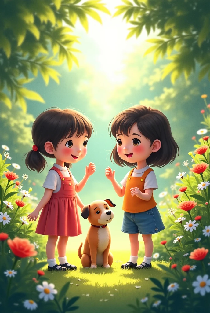 The girls play with their pet in the garden 