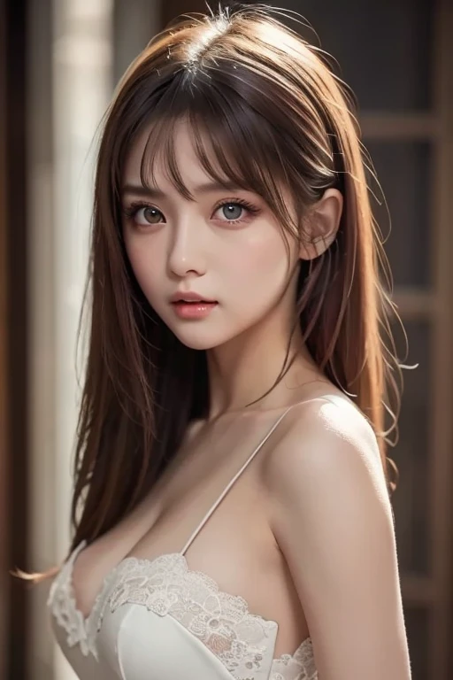 ((No NSFW)), 8K UHD、RAW photograph, highest quality, masterpiece, ultra high resolution, (realistic:1.5), Raw photo, 1 girl (lying back) on the floor, off shoulder, in the dark, deep shadow, discreet key, cold light, sexy look, Naked 3.0. small Breasts, curvy body, plump thighs, beautiful and detailed big blue eyes, eyes same size. (From_front), top view from her head to her crotch, full body cowboy shot of Female model 1 girl, (with her legs wide apart). If her bare groin is visible, the camera is showing dark pubic hair, detailed crotch, detailed vulva that swollen due to sexual excitement. Female model's body and limbs and bodyparts are proper and correct for human body mechanics and structure. The camera is not showing her hands and fingers, whites eyes without pupils, dark shadow of philtrum area, catchy light in eyes.
