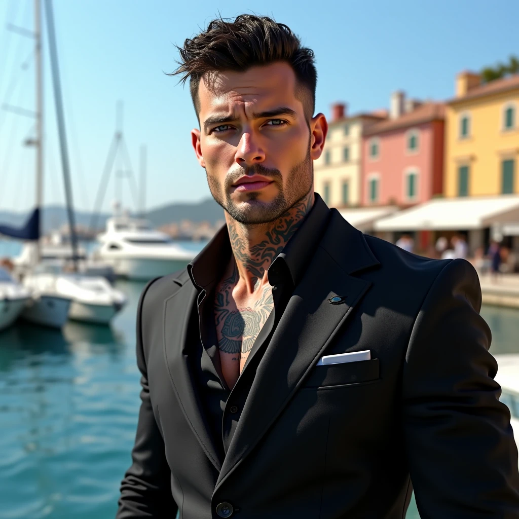homme 30 ans brun mate athletique elegant un peu avec quelques tatouages tres realiste costume torse nu latin