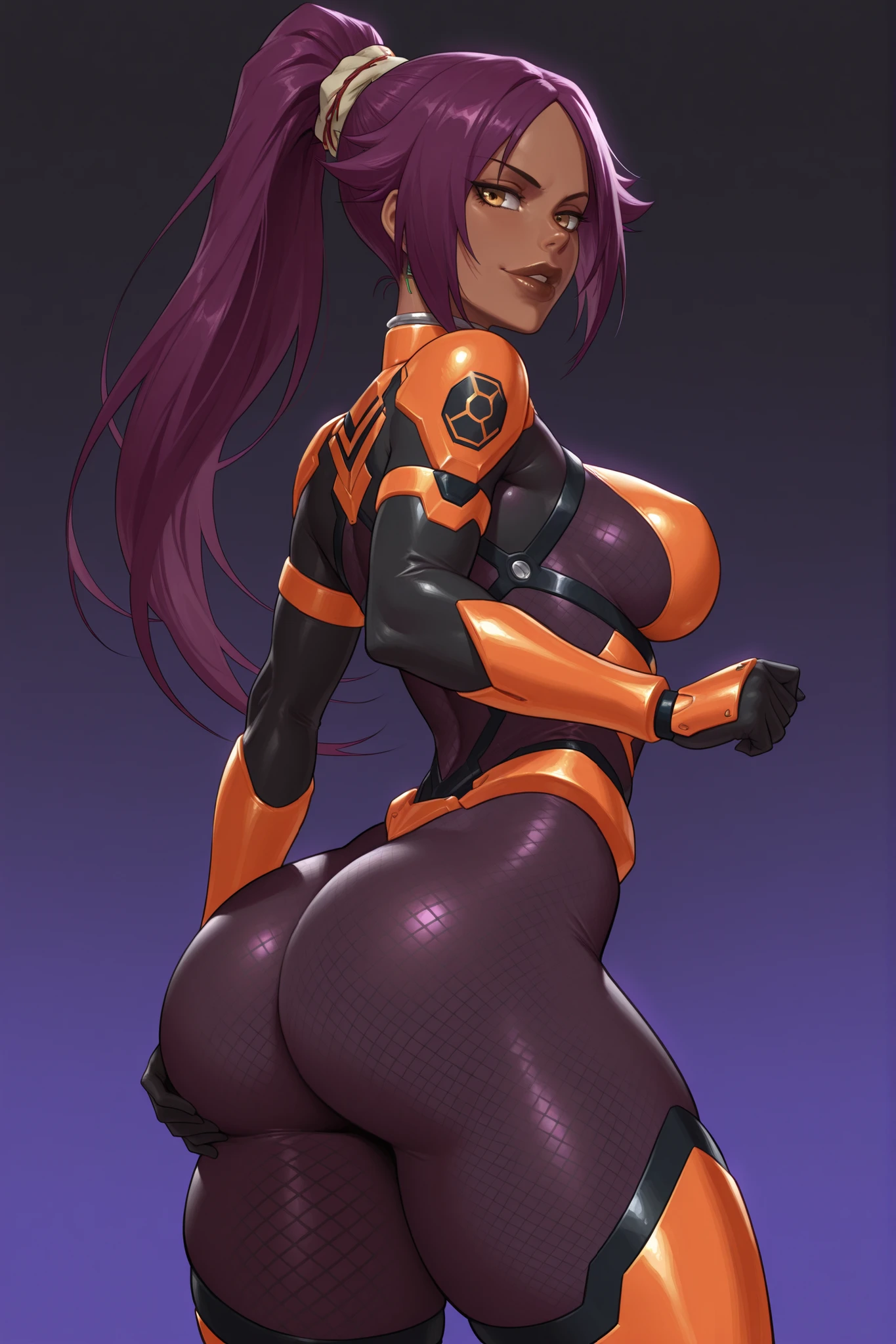 master piece, high quality, 4k uhd,hires, Yoruichi Shihouin, purple and orange armored taimanin bodysuit, armored bodysuit, thick thighs, mesh ass, mesh midriff, mesh hips ,mesh thighs, mesh chest , thick brown lips, medium chest, side boob, (bulging fishnets),