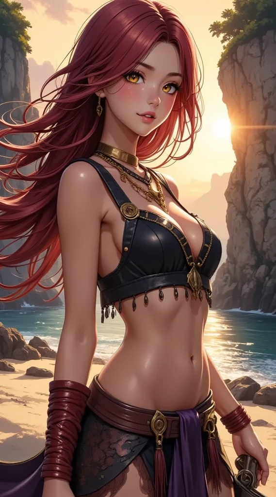 Masterpiece, full hd, high quality, super detail, woman, 30 years, perfect body, medium breasts, red lips, seductive smile, passionate look, blue eyes, orange hair, blue crio top, green skirt, tattu, 2d background, social media composition, seductive posture, from above