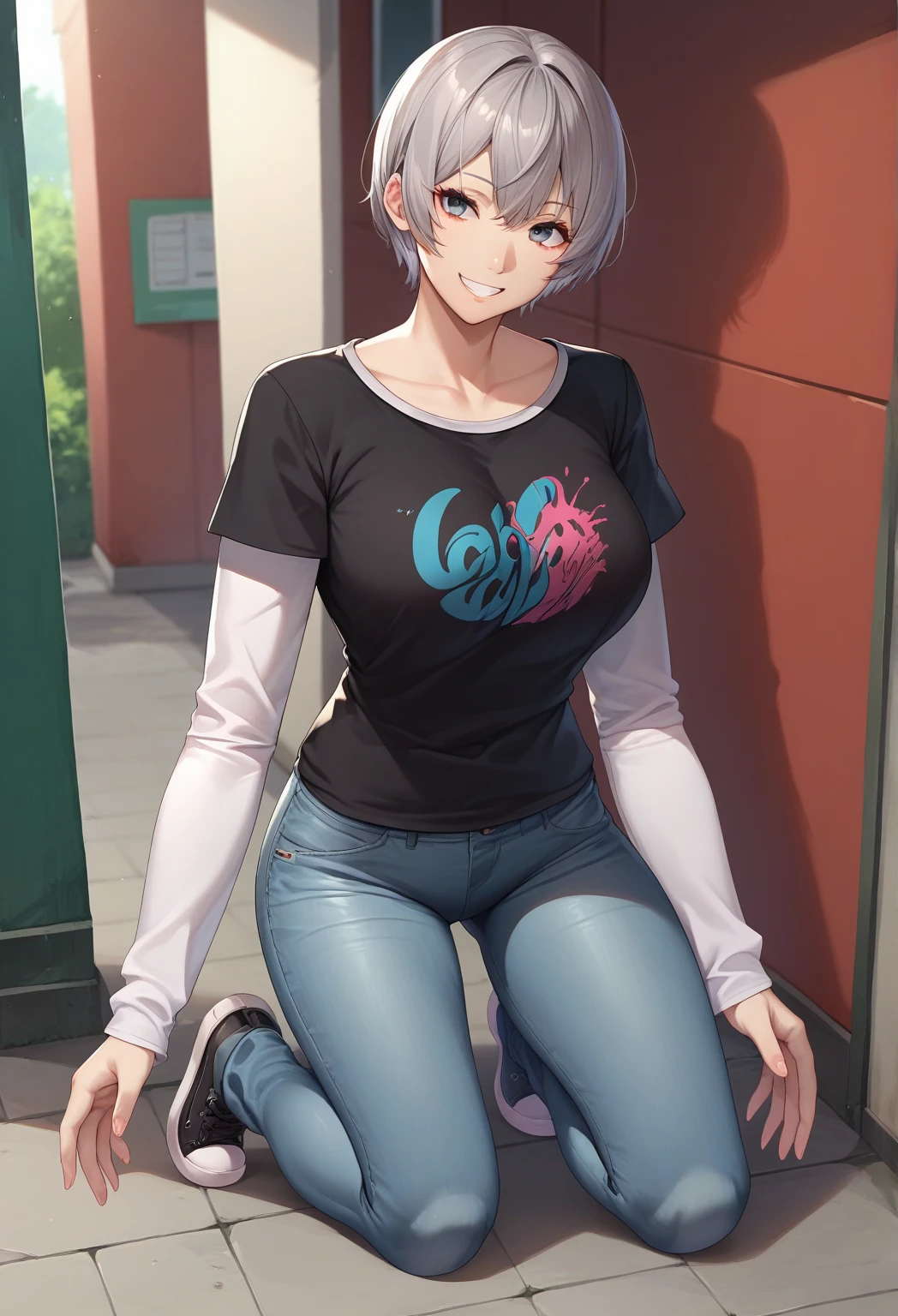 1girl,å®å´è±,short hair,blue eyes,bangs,skin fang,grey hair,fang,hair between eyes,large breasts, nsfw
multicolored shirt,romaji text,black pantyhose,clothes writing,Wet clothes, splashed breasts,denim skirt,raglan sleeves,long sleeves,brown footwear, Exquisite visuals, high-definition,masterpiece,best quality,