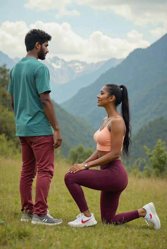 Black hair in the garden, black sweatpants , Barefoot woman. Man pressing woman's butt from behind
