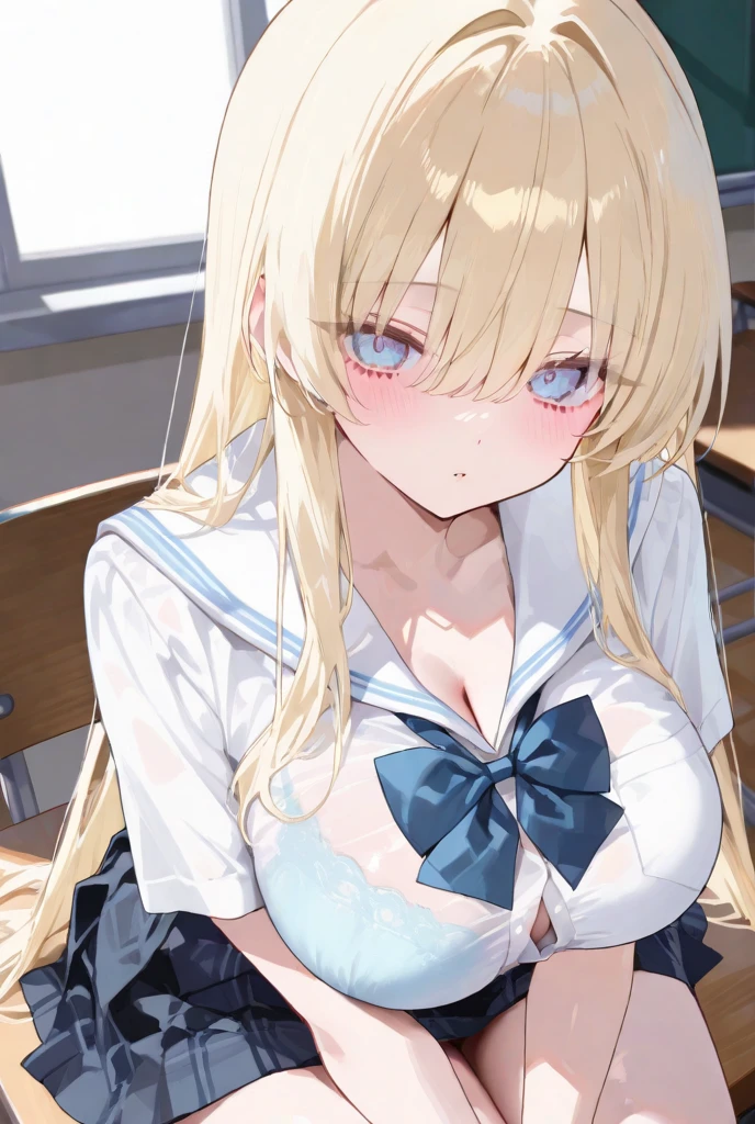 High quality, masterpiece, ultra-detailed, 1girl, white and pink sexy school uniform, very short skirt, bra and panties visible, solo, peaceful expression, long blonde hair, enchanting blue eyes, fox ears, ridiculously large breasts, shiny skin, leaning forward, back view