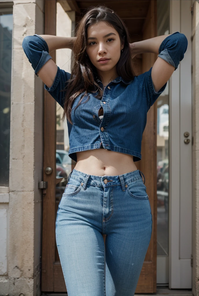 woman, (((from below))), busy city, foreshortening, (seductive pose), looking at viewer, mad, blackcutoffs, (eye contact), african, photorealistic, masterpiece, realistic, high contrast, hyper detailed, best quality, ultra high res, photorealistic, high resolution, detailed, raw photo,
