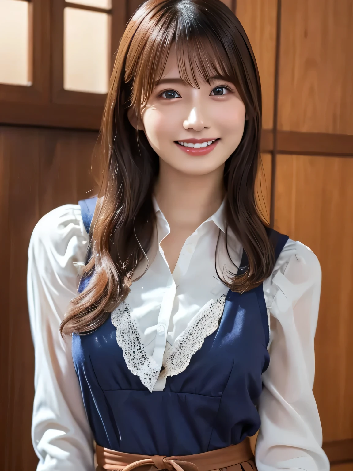 Beautuful Women、18year old、student clothes、Japanese houses、veranda、poneyTail、A smile