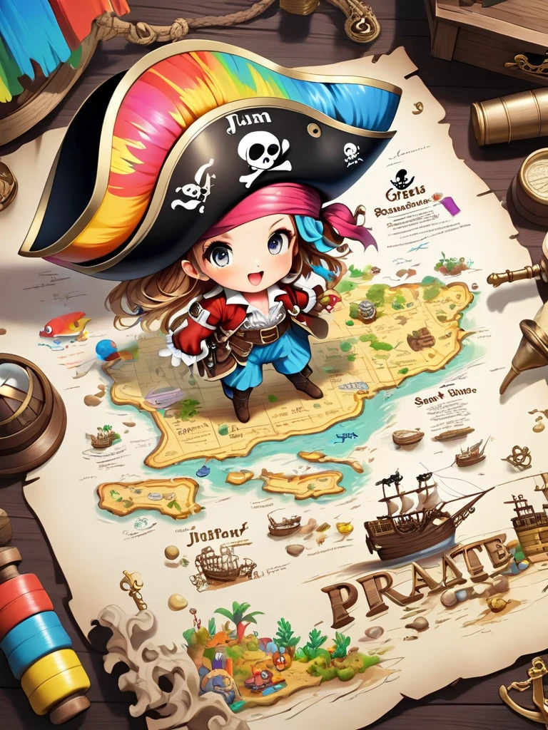 Pirates drive pirate ships,pirate ships,a pirate,Black hat,brown hair,Red clothes,with blue sky and white clouds,having fun,Sail,oar,seagulls