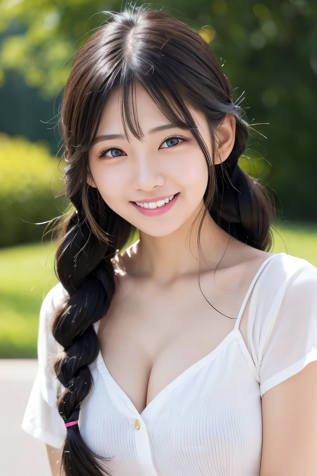 Best-quality, Masterpiece, Ultra-High-Resolution, (Photorealistic:1.4), Raw-Photo, depth of field, professional-lighting, from above, front view, 1girl, the most famous Japanese idol, ((wearing loose fitting T-shirt with deep neckline, leaning forward very much)), (extremely cute face, ((extremely cute and extremely big black-eyes)), extremely cute hairstyle, extremely cute long-eyelashes, extremely cute lips, (extremely beautiful skins)), extremely flat chest, innocent-smile, looking up