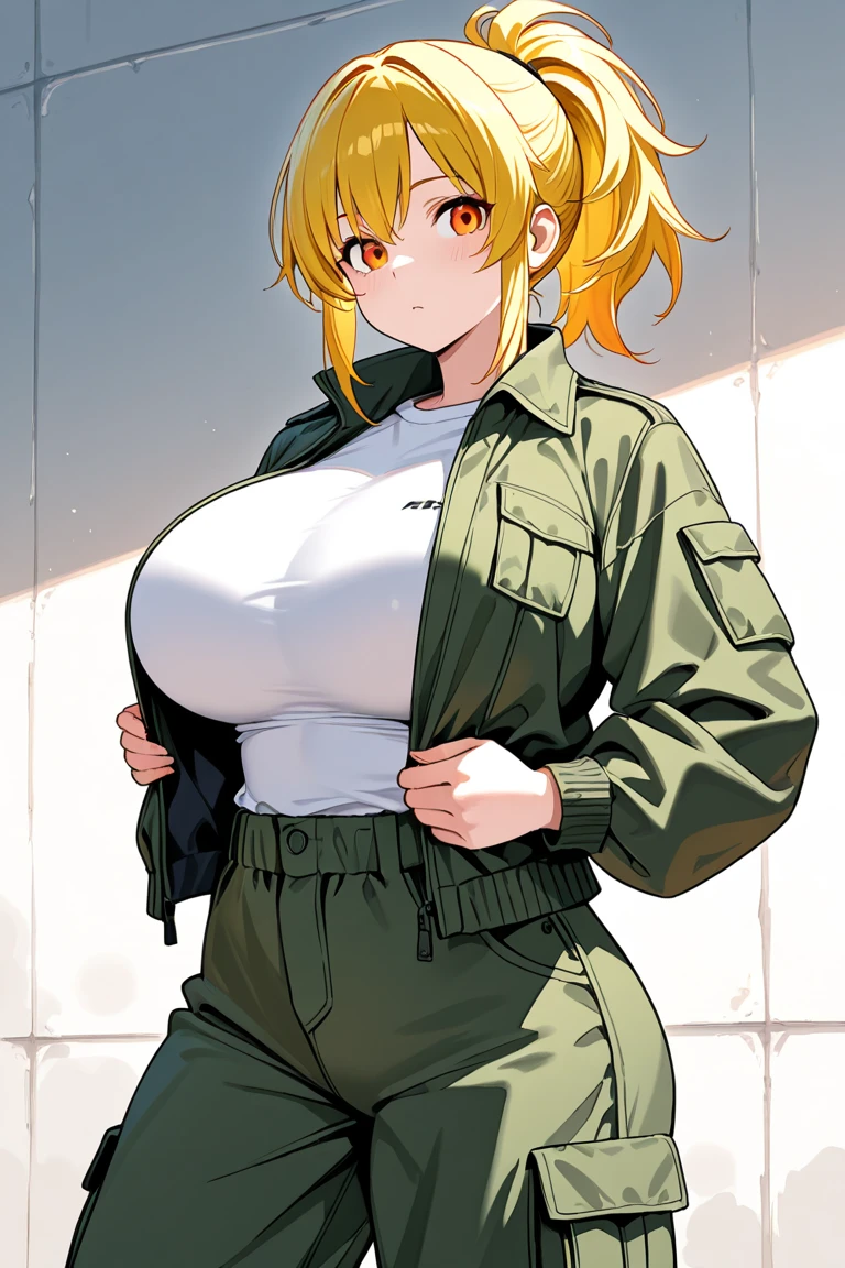 Girl, yellow hair, brown eyes, big breasts, dark blue belt, short shorts