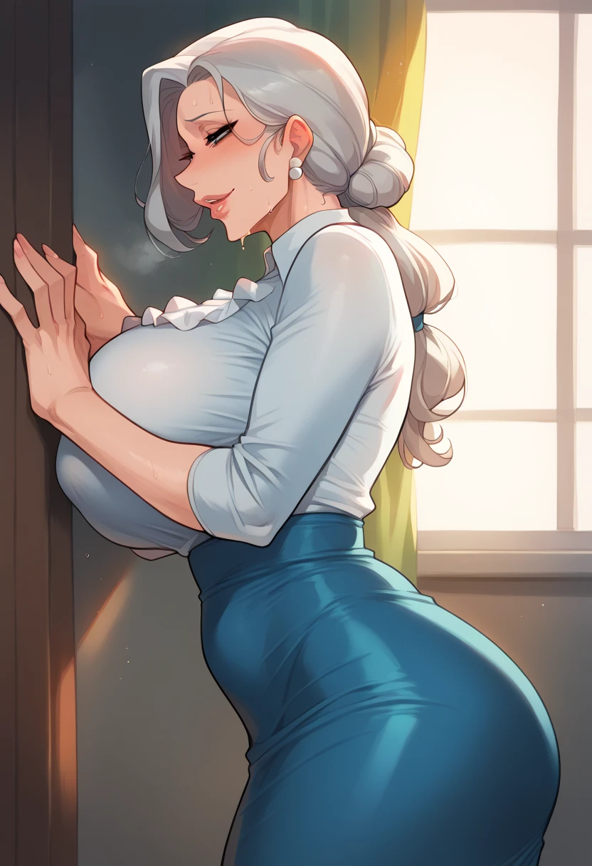 Grandma with white hair, curvy body, huge breasts