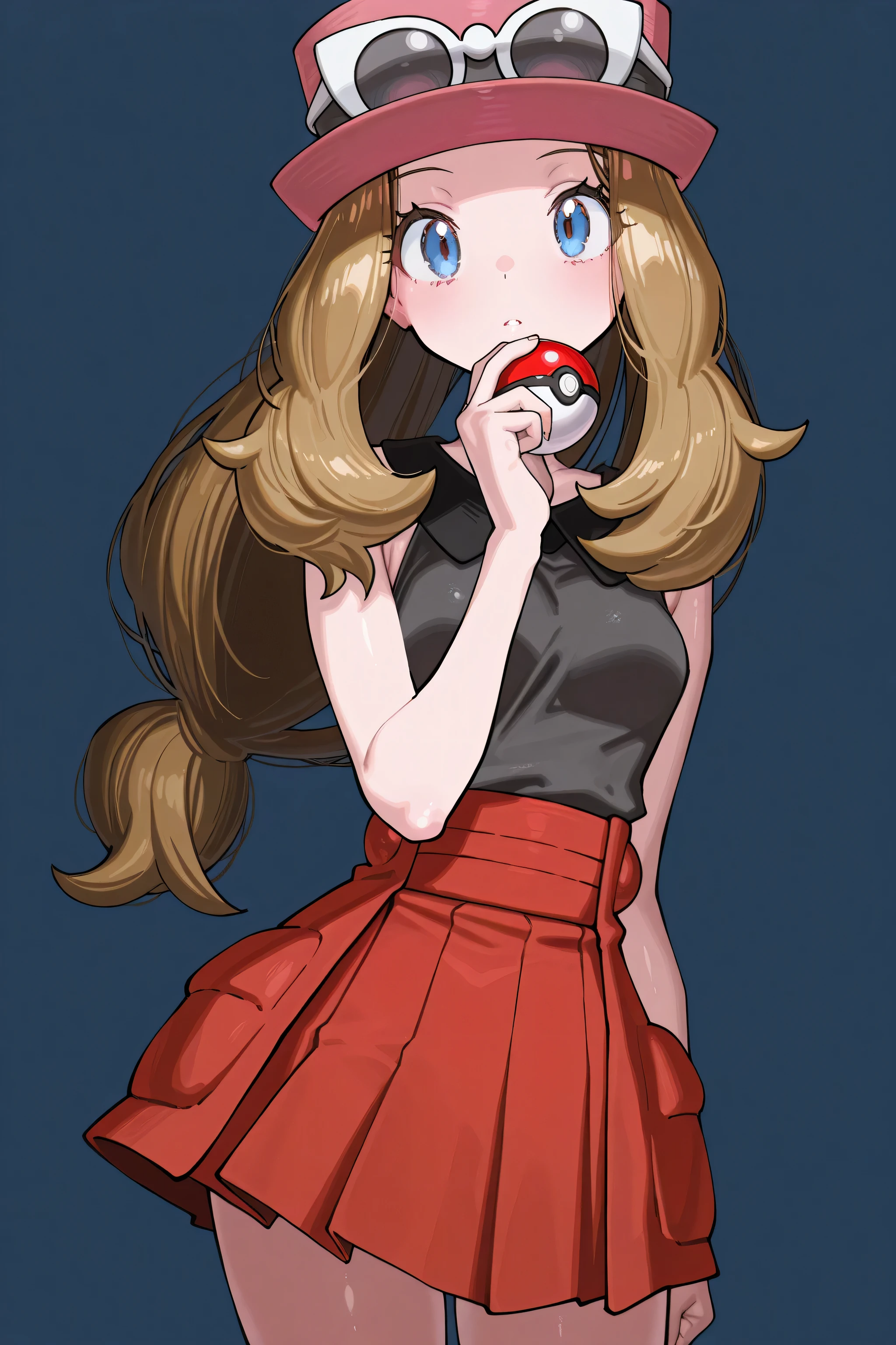kmj-anonstyle, [artist:yoneyama mai], [artist:kanzarin], [artist: ekrea_jan], masterpiece,best quality,amazing quality, 748cmstyle, solo, eye focus, serena, long hair, blue eyes, brown hair, pokemon, pokemon xy, serena (pokemon), 1girl, bare shoulders, black shirt, blue eyes, brown hair, cowboy shot, eyewear on headwear, hat, holding, holding poke ball, pink hat, poke ball, poke ball (basic), red skirt, shirt, skirt, solo
