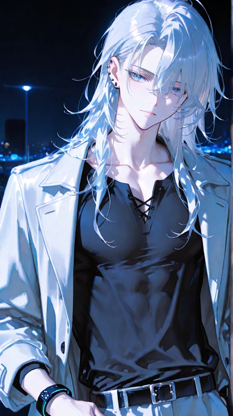 1boy,11 only、(male focus :2) ,Handsome boy,Silvery long-haired、 Upper body naked、Moon Night 、snowfall,Snowy landscape,Very beautiful lighting、hightquality、masutepiece,8K,hight resolution、