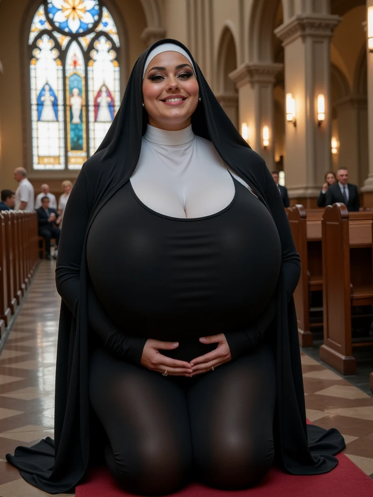 ((70 year old black African grandma:1.4)) ((in a church:1.4)),((there is an audience and crowd in the church:1.4)), large breasts size, large uncovered breasts, with large uncovered breasts, uncovered nsfw huge breasts, nsfw huge uncovered breasts, big uncovered breasts, big uncovered breasts!, ((she is exposing her massive breasts:1.3)), extremely plump, with a large uncovered breasts, fat woman, uncovered boob, big uncovered breasts!!, cleavage, ((exposed naked breasts:1.3)), ((extreme bulging cleavage:1.1)), ((bare black nipples and areolas on display)),((she is wearing heavy makeup,glasses, dark, bright red lipstick, a large cross pendant,clergy collar,and tattoos)), she has ((triple Wide,fat,hanging inflated,ballooned, exaggerated,larger-than-life, oversize, crowded,gargantuan,meaty,nsfw uncovered breasts hanging down to her stomach:1.3)),((she has gray hair:1.3))