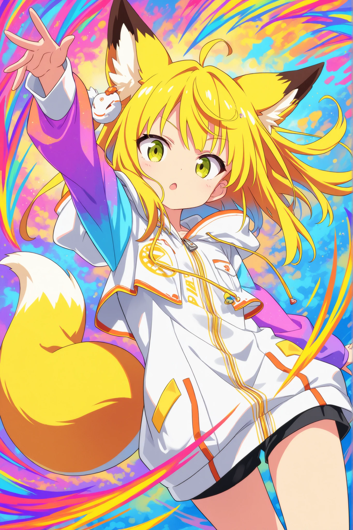 (masterpiece, best quality), (colorful),one girl, fox ears,fox tail,long yellow hair,転ぶ,可愛い,><,super precise illustration, High Detail , beautiful detailed, 8k, (high resolution), Anime Style,cute,(viewers),dynamic angle,,