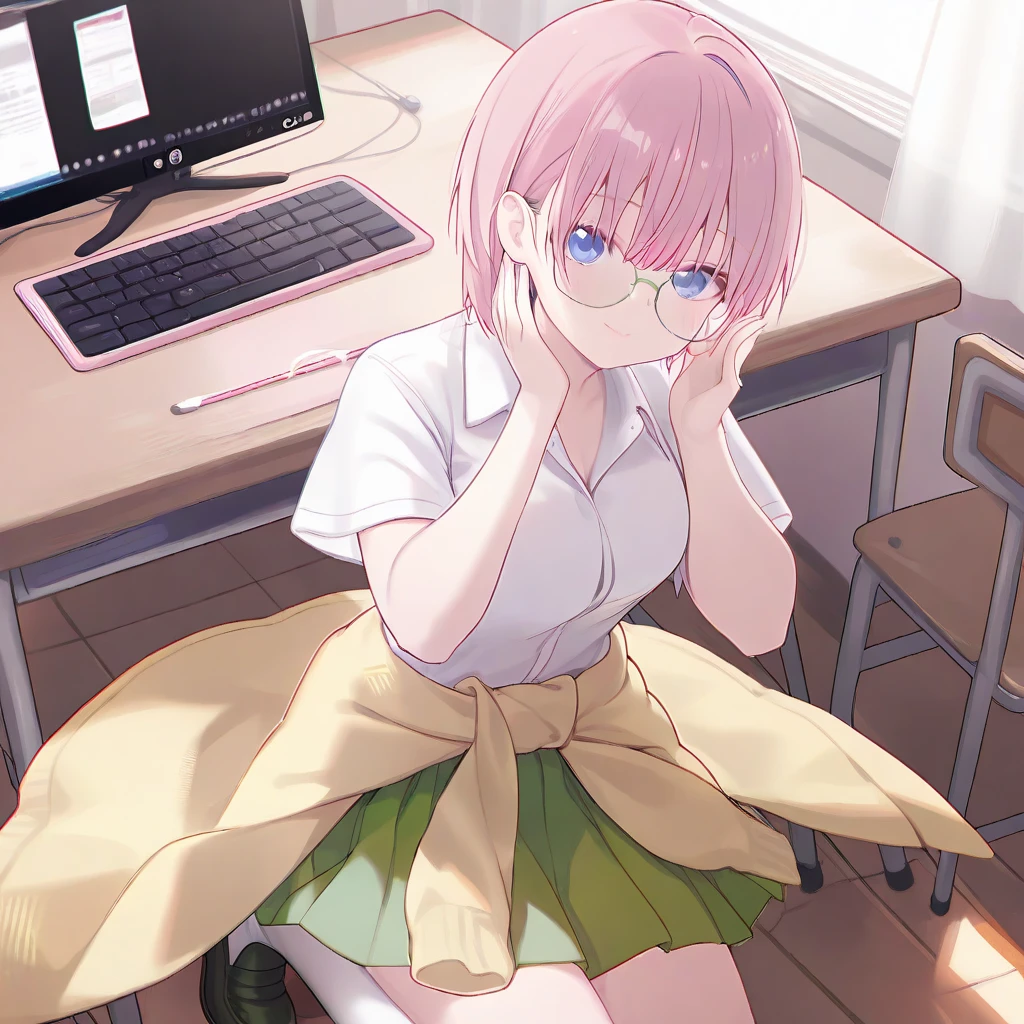 ichikanakano, ichika nakano, short hair, bangs, blue eyes, hair between eyes, pink hair,
break skirt, shirt, , white shirt, short sleeve, pleated skirt, shoes, shoes下, collared shirt, 黒いshoes, sweater, white shoes下, green skirt,Huangyuan glasses clothes around the waist,classroom,Sitting in a chair and studying,机の教科書
break looking at viewer, full body, Upper body,
break indoors, classroom,
break (masterpiece:1.2), highest quality, High resolution, unity 8k wallpaper, (figure:0.8), (beautiful and fine eyes:1.6), highly detailed face, perfect lighting, Very detailed CG, (perfect hands, perfect anatomy),