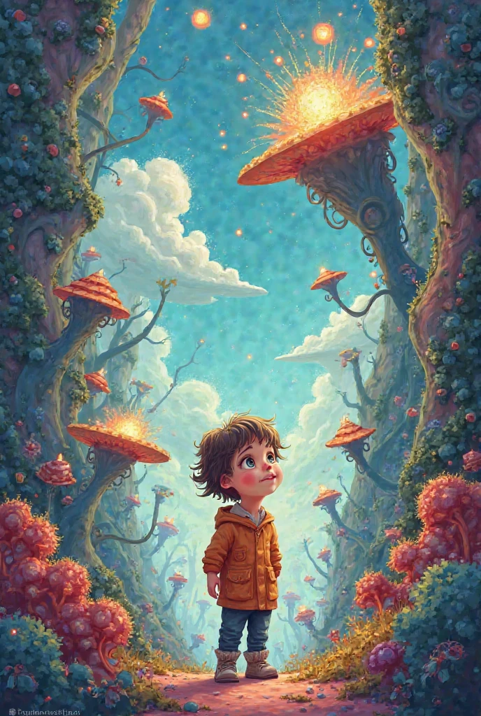 Fine art, oil, highest quality, A dark tale, Van Gogh-esque Cape Town, (peep land:1.2)、Starry Sky, mushroom、mushroom、And Mumford, Andy Kehoe, 2D, flat, cute, Adorable, Vintage, Art on cracked paper, patchwork, Stained glass, fairy tale, Detailed illustrations of storybooks, Cinematic, Very detailed, The finer details, Beautiful details, Mysterious, Luminism, Vibrant colors, Complex background