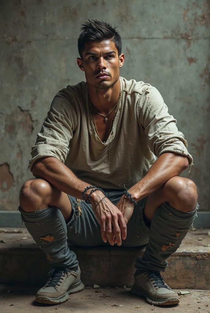 Create an image that is half a slave with chains on his hands and feet, ele sujo desgastado cansado e a outra metade a mesma pessoa em forma de Rei com uma coroa, espada e uma capa , que seja um joven de olhos claros, a imagen dividida que gere impacto a metade escravo a metade rei