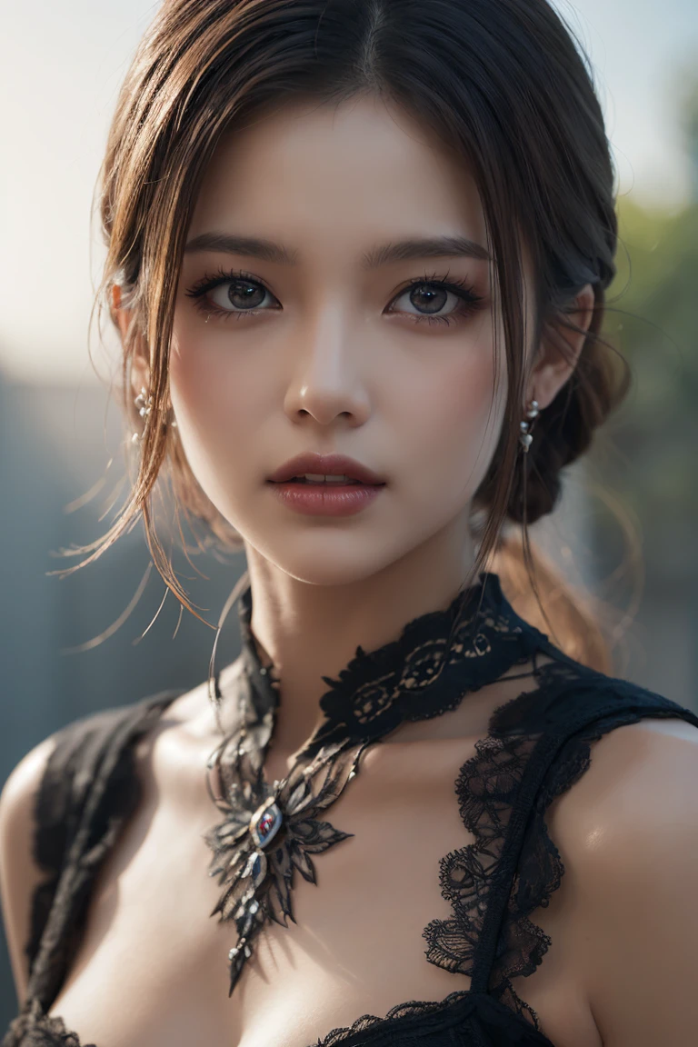 (Best quality, 8k, Masterpiece :1.3), (realistic, photorealistic: 1.37), (1girl), (Pretty woman in her 20s), (slim), (emphasizing slender abs :1.3), (Korean), (tight, wet and transparent dress), (visible thongs), (choker on neck), (random sexy pose, spread legs), (long wavy hair), (large breasts :1.3), (outdoors), (Ultra-detailed face), (Detailed eyes), (Double eyelids), (eyeshadow intensifying), (many eyelashes), (perfect body), (long legs), (professional lighting), (photon mapping), (radiosity), (looking directly at viewer), Lace bra m