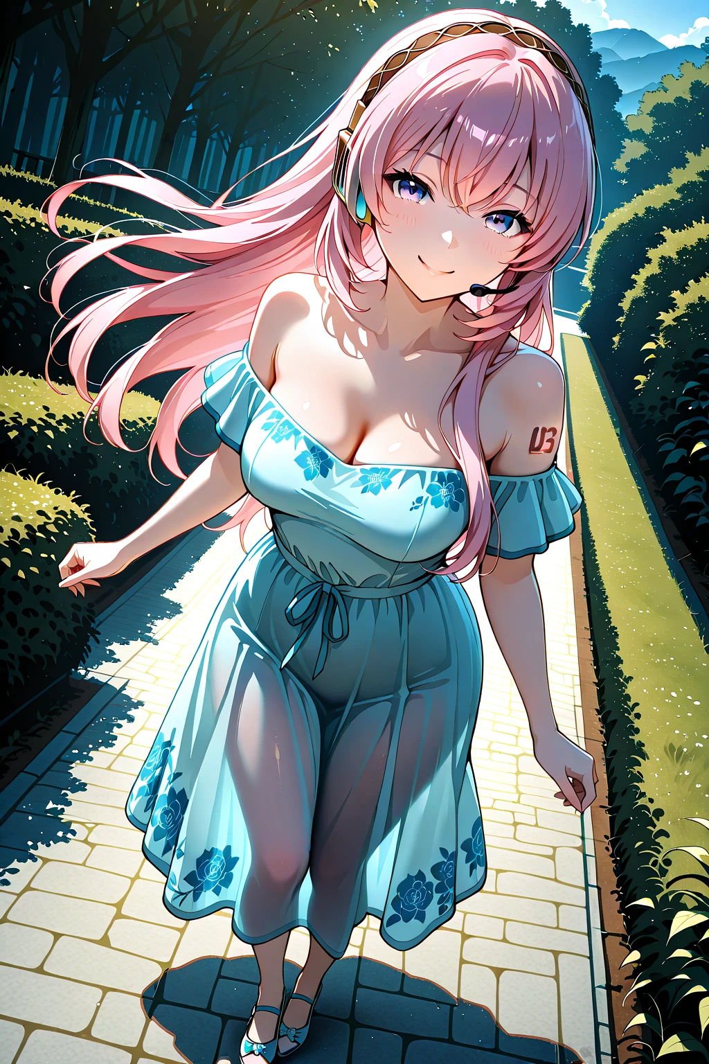 1 girl, 19 years old, Long pink hair, green eyes with slit pupils, master-piece, best quality, (standing up), (short dress), (floral, spaghetti strap, short blue summer light blue dress, no slit), (Big , ultra gigantic , Super super big, Glamorous body), Make eye contact with the camera, front figure, looking forward, (light_Smile:1.5), (Detailed hands and fingers:1.2) (In the sunny park), (FULL BODYSHOT), thighs thighs thighs thighs、beauty legs、Bare legs